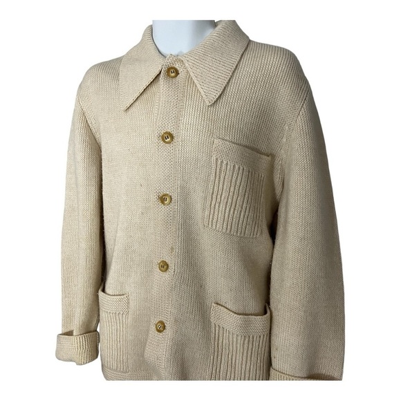 Vintage Lucano Beige Wool Mens Chunky Knit Cardigan Sweater XL Old Money Neutral - Picture 17 of 17
